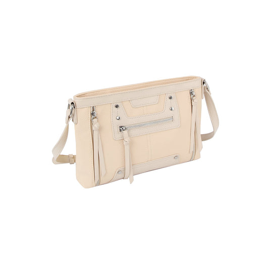 Stone studded flat leather crossbody