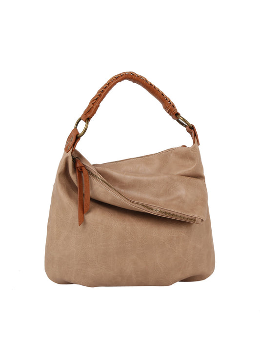 A beige soft leather hobo shoulder bag with a top zip closure and a brown strap.