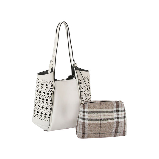 2 in 1 Side puched hole detail tote and checkered cotton pouch set
