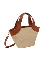 Color point leather handle straw tote