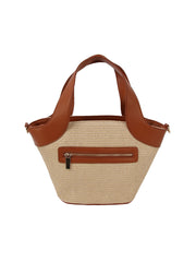 Color point leather handle straw tote