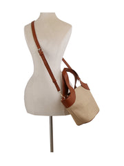 Color point leather handle straw tote