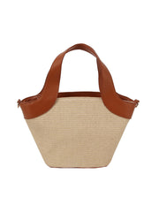 Color point leather handle straw tote