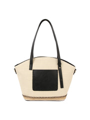 Straw vacation bag with front leather pocket