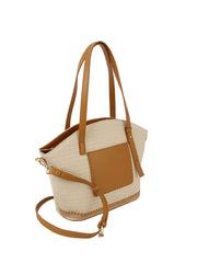 Straw vacation bag with front leather pocket