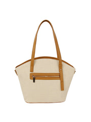 Straw vacation bag with front leather pocket