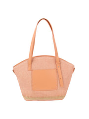 Straw vacation bag with front leather pocket