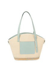 Straw vacation bag with front leather pocket