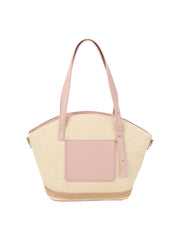 Straw vacation bag with front leather pocket