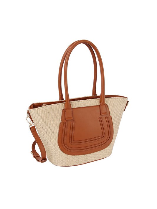 Straw vacation tote bag with leather detail