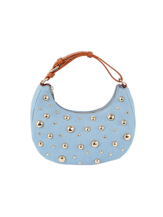 Silver stone studded denim hobo crossbody