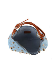Silver Stone Studded Denim Hobo Crossbody