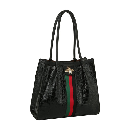 Fashion Croco Bee Stripe detailed Top Satchel Bag