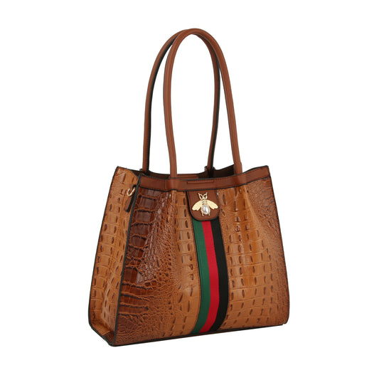 Fashion Croco Bee Stripe detailed Top Satchel Bag