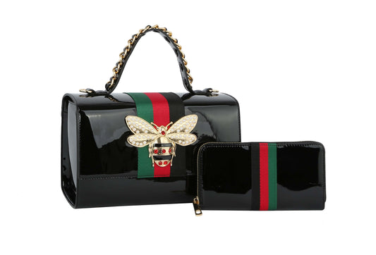 Ladies Designer Satchel Purse Bee Charm Pendant Handbag Clutch Set