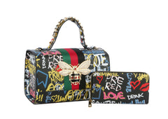 Multi Graffiti Fashion Patent leather Bee Satchel with Wallet shoulder bag