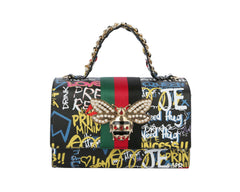 Multi Graffiti Fashion Patent leather Bee Satchel with Wallet shoulder bag
