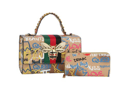 Multi Graffiti Fashion Patent leather Bee Satchel with Wallet shoulder bag
