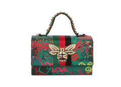Multi Graffiti Fashion Patent leather Bee Satchel with Wallet shoulder bag