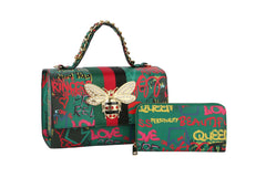 Multi Graffiti Fashion Patent leather Bee Satchel with Wallet shoulder bag