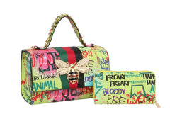 Multi Graffiti Fashion Patent leather Bee Satchel with Wallet shoulder bag