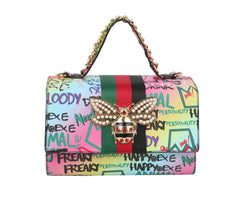 Multi Graffiti Fashion Patent leather Bee Satchel with Wallet shoulder bag