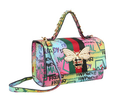 Multi Graffiti Fashion Patent leather Bee Satchel with Wallet shoulder bag