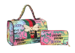 Multi Graffiti Fashion Patent leather Bee Satchel with Wallet shoulder bag