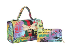 Multi Graffiti Fashion Patent leather Bee Satchel with Wallet shoulder bag