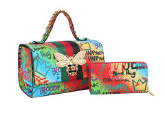 Multi Graffiti Fashion Patent leather Bee Satchel with Wallet shoulder bag
