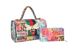 Multi Graffiti Fashion Patent leather Bee Satchel with Wallet shoulder bag
