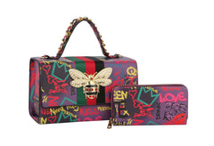 Multi Graffiti Fashion Patent leather Bee Satchel with Wallet shoulder bag