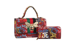 Multi Graffiti Fashion Patent leather Bee Satchel with Wallet shoulder bag