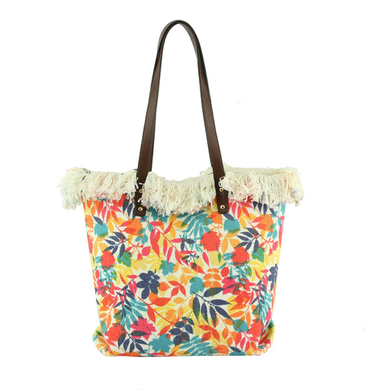FLOWER LEAF PATTERN STRAW TOTE BAG FOR VACATION