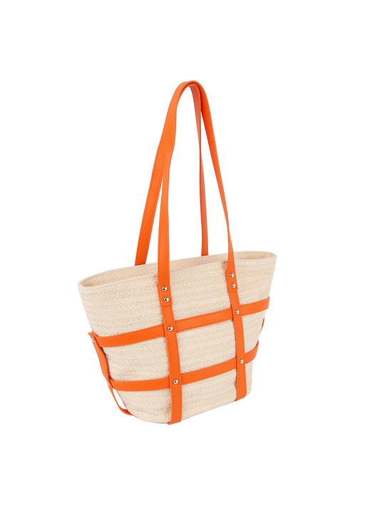 Woven Straw and Faux Leather Beach Tote