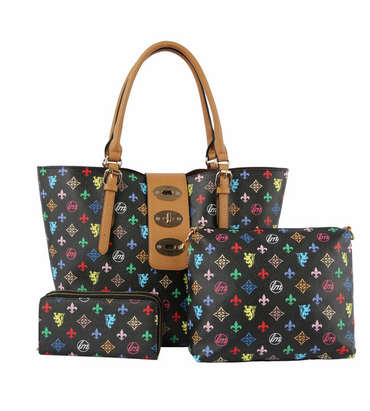 Signature Print Satchel Tote Wallet Set Hobo Purse