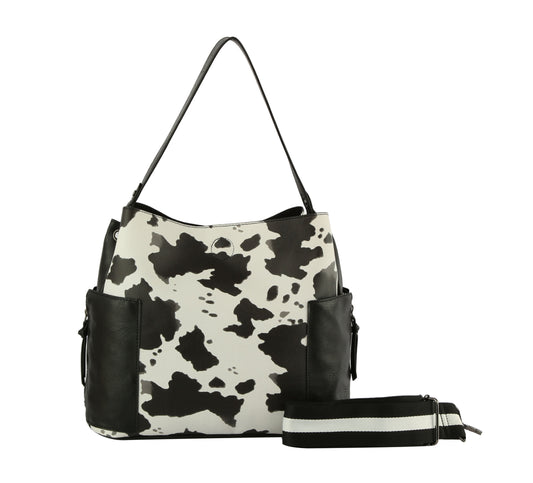 Ladies Top Handle Cow Printed Hobo Handbag