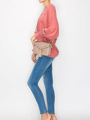 Tassel Front flap tripe comparament convertible clutch crossbody wristlet