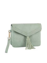 Tassel Front flap tripe comparament convertible clutch crossbody wristlet