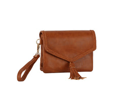Tassel front flap triple entry wristlet crossbody