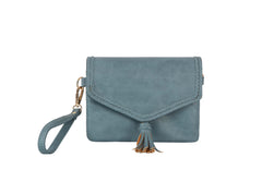 Tassel front flap triple entry wristlet crossbody