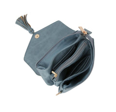 Tassel front flap triple entry wristlet crossbody