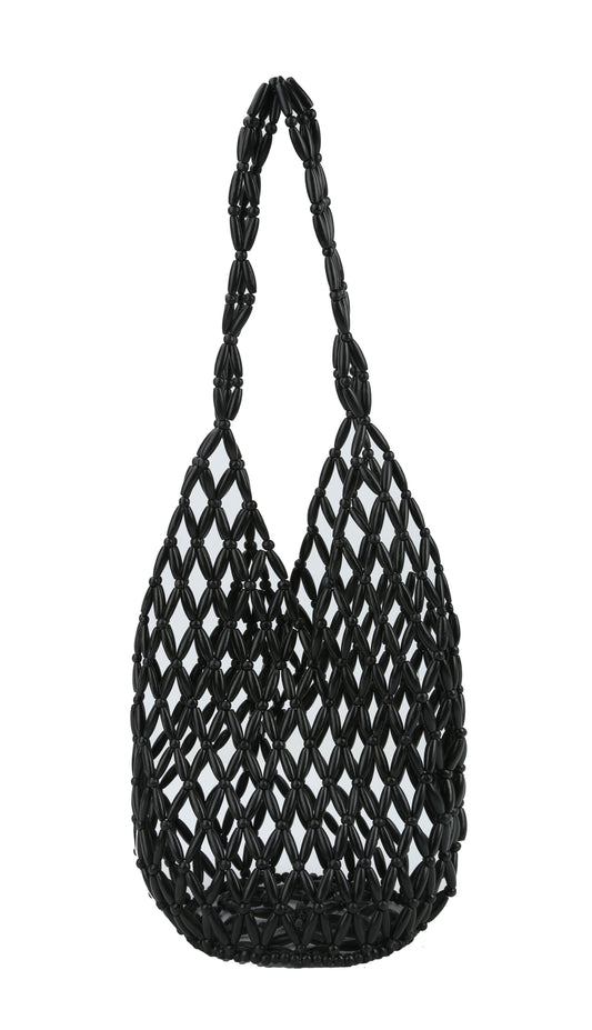 summer beach shoulder tote bag  is made of small wooden balls