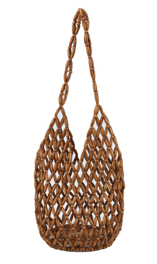 summer beach shoulder tote bag  is made of small wooden balls