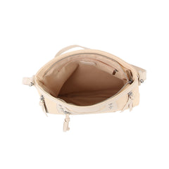 Stone studded flat leather crossbody