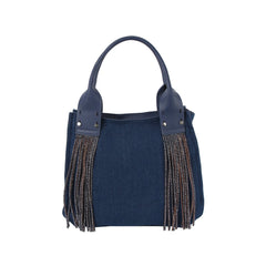 Tassel detail denim crossbody tote