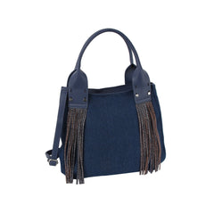 Tassel detail denim crossbody tote