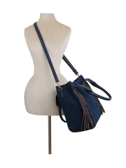 Tassel detail denim crossbody tote