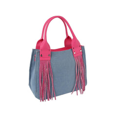Tassel detail denim crossbody tote