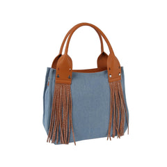Tassel detail denim crossbody tote
